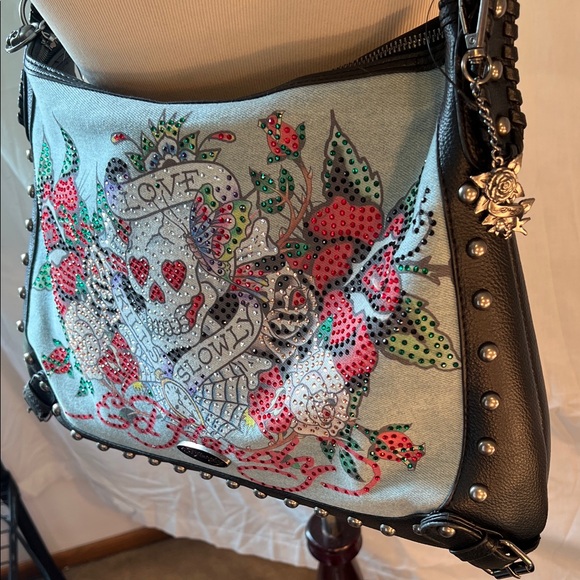 Ed Hardy Light Blue and Black Embroidered Skull & Rose Shoulder Bag - Picture 3 of 12